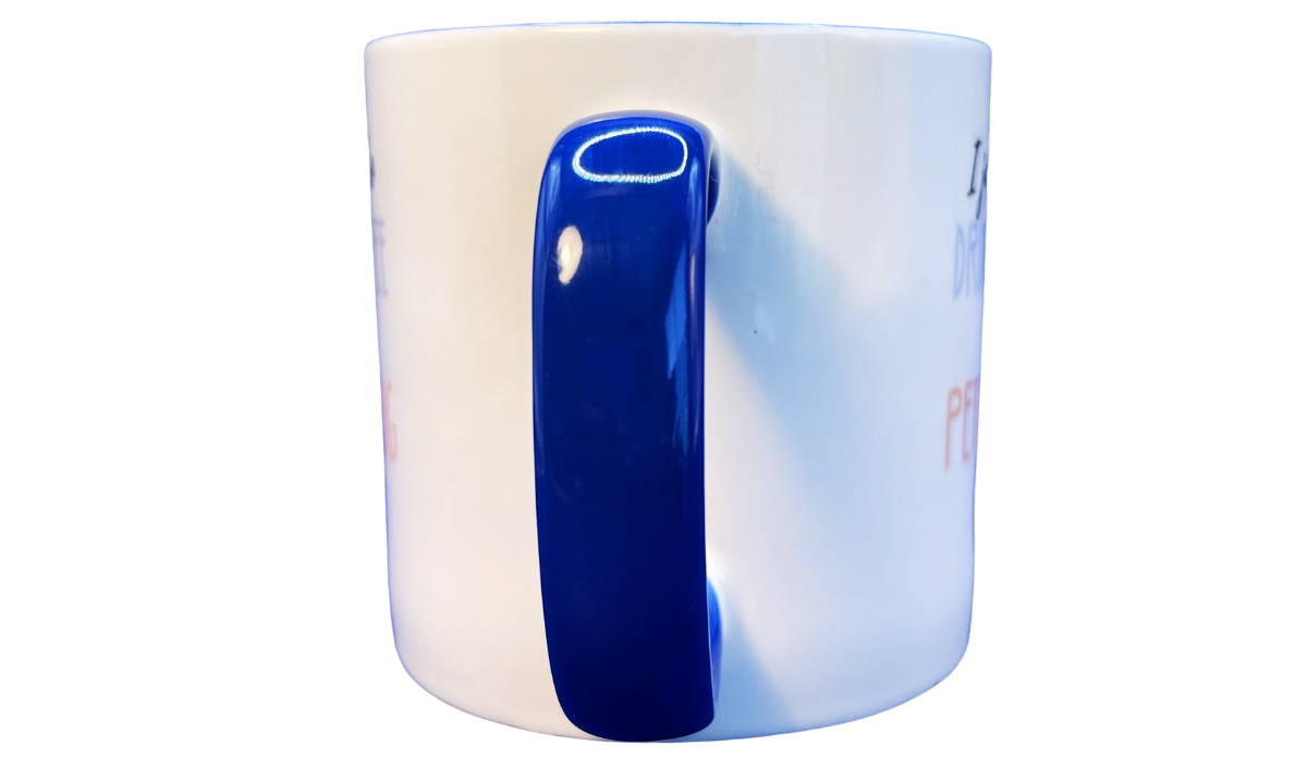 Handle view of Drink Coffee And Pet My Dog Mug featuring the glossy cobalt blue handle and clean white ceramic body.