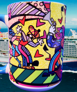 Romero Britto Carnival Mardi Gras Mug displayed with a Carnival Mardi Gras cruise ship backdrop