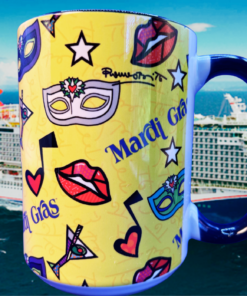 Romero Britto Carnival Mardi Gras Mask Mug displayed with Carnival Mardi Gras cruise ship backdrop
