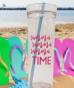 Summa Summa Time acrylic tumbler displayed on a beach beside colorful flip flops with ocean water in the background