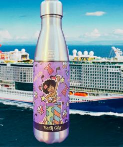 Carnival Mardi Gras Romero Britto stainless steel water bottle displayed with Carnival Mardi Gras cruise ship background