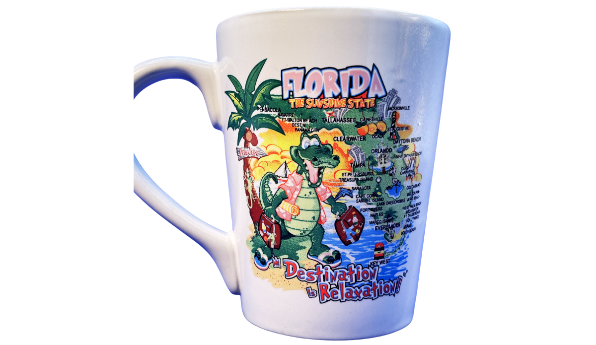 Florida Destination Is Relaxation Mug with colorful Florida map and vacation alligator artwork