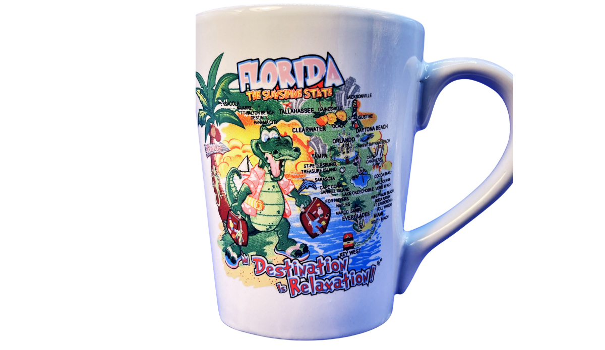 Opposite side of Florida Destination Is Relaxation Latte Mug showing continued Florida map artwork