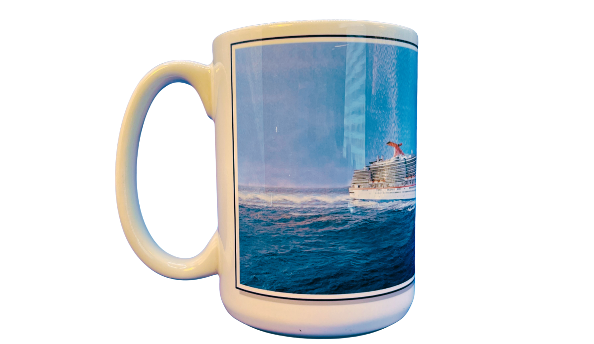 Carnival Legend Cruise Ship Souvenir Mug back view featuring a full side profile of the Carnival Legend sailing across the ocean