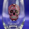 Pink Sugar Skull Wine Glass for Dia De Los Muertos Celebration Stemless Wine Glass