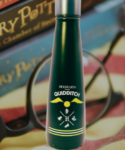 Harry Potter Hogwarts Quidditch stainless steel water bottle displayed with Harry Potter books, glasses, and a cozy reading backdrop.