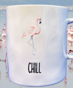 pink flamingo chill mug in calm flamingo lake setting with multiple flamingos in water creating peaceful tropical scene