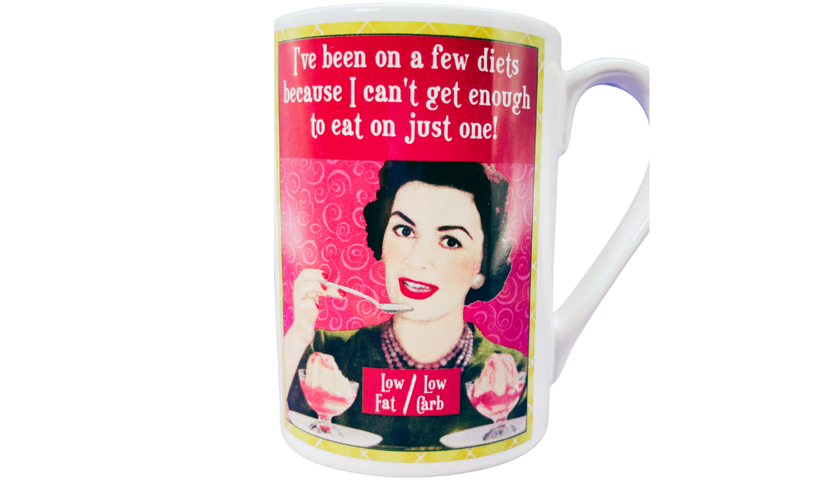 Been On A Few Diets Funny Mug front view with retro woman, dessert dishes, colorful diet quote, and white ceramic body
