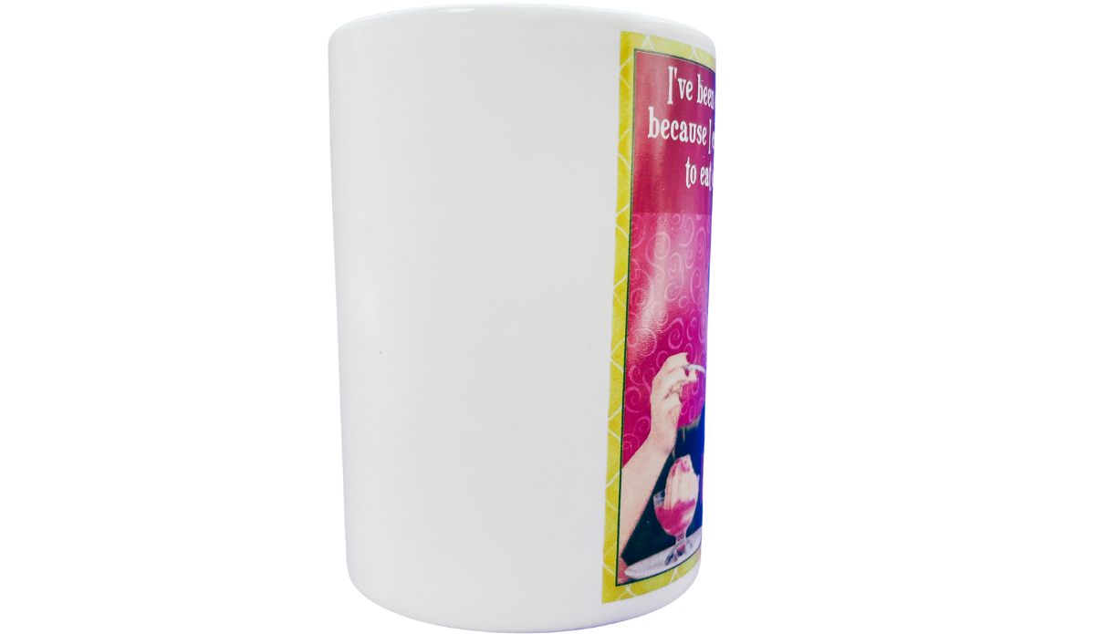 Been On A Few Diets Funny Mug middle view showing plain white ceramic side and edge of retro artwork