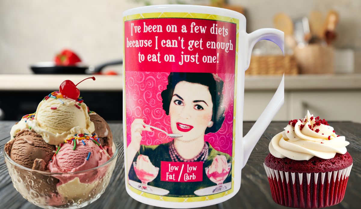 Been On A Few Diets Funny Mug in kitchen scene with ice cream sundae, cupcake, retro woman artwork, and diet joke