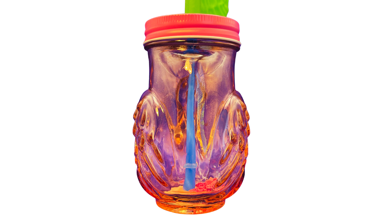 pink flamingo mason jar tumbler back view showing curved handle and sculpted flamingo body shape in pink glass