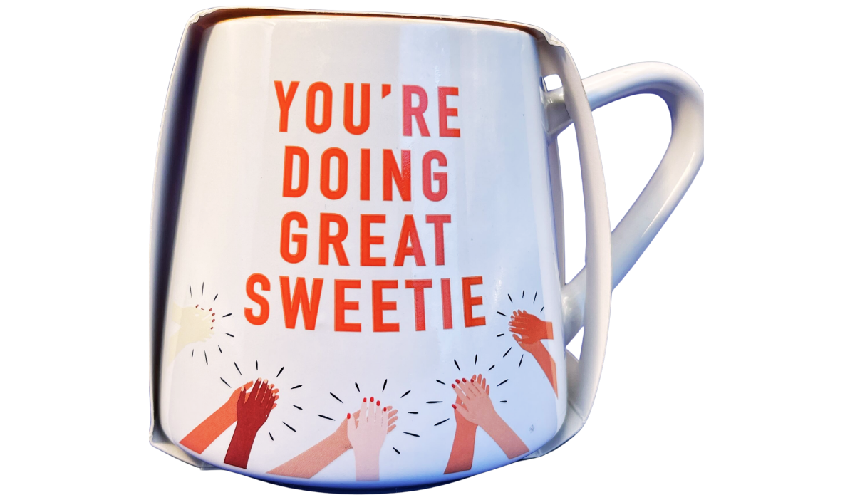You’re Doing Great Sweetie Mug front view with bold orange-red lettering and illustrated clapping hands on white stoneware.