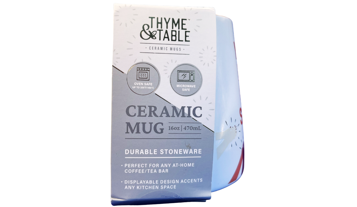 You’re Doing Great Sweetie Mug packaging view showing Thyme & Table branding, 16 oz capacity, and stoneware details.