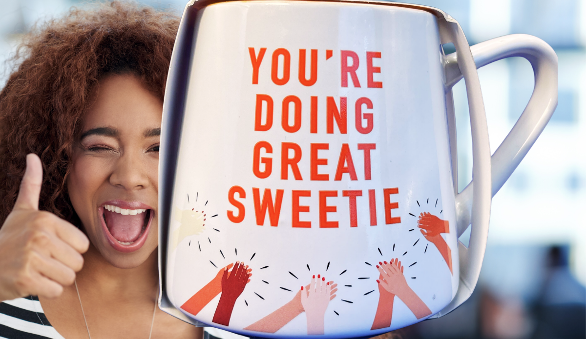 You’re Doing Great Sweetie Mug displayed beside a smiling woman giving a thumbs-up in an encouraging lifestyle scene.