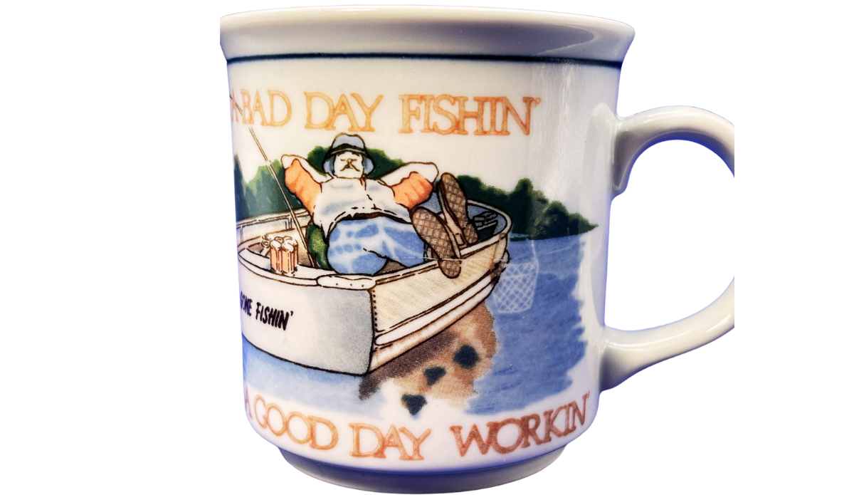 Bad Day Fishing Good Day Working Mug front view featuring fisherman in boat illustration