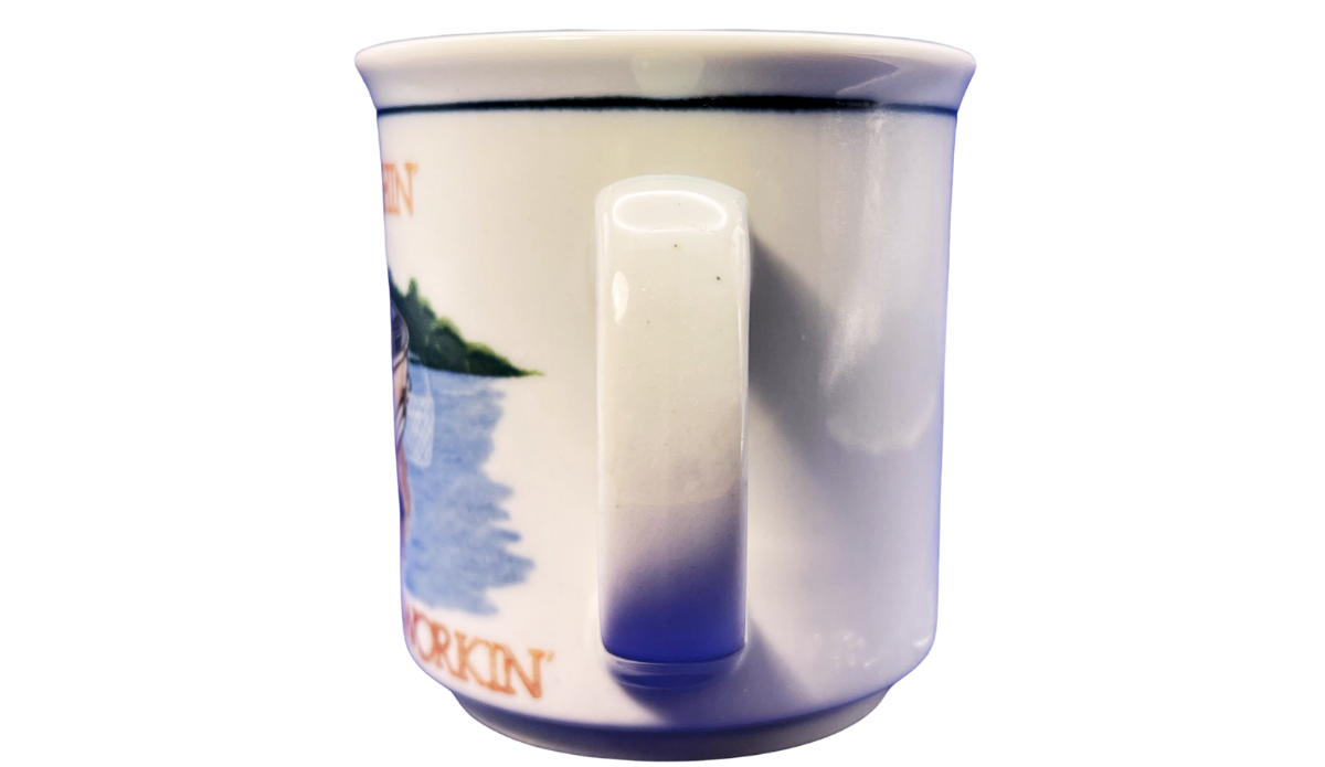 Bad Day Fishing Good Day Working Mug handle view with blue accent handle