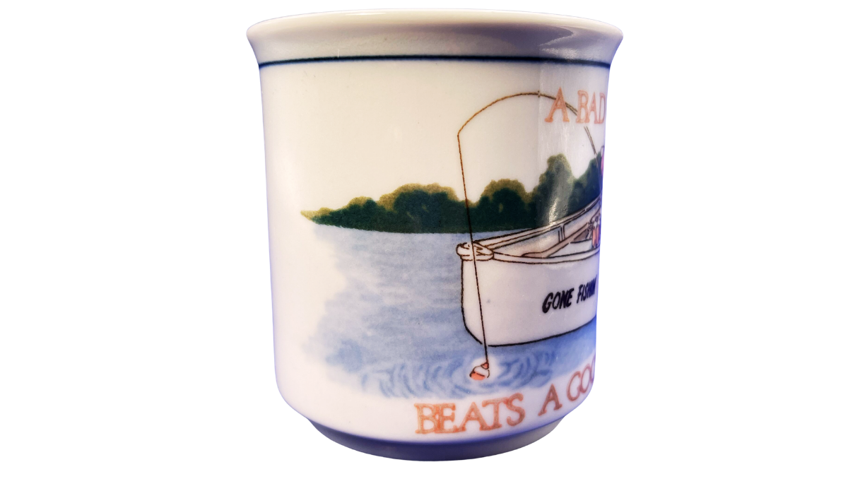 Bad Day Fishing Good Day Working Mug side view showing fishing boat and lake scene