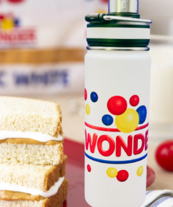 Wonder Bread Water Bottle beside peanut butter and marshmallow sandwiches with Wonder Bread themed kitchen background