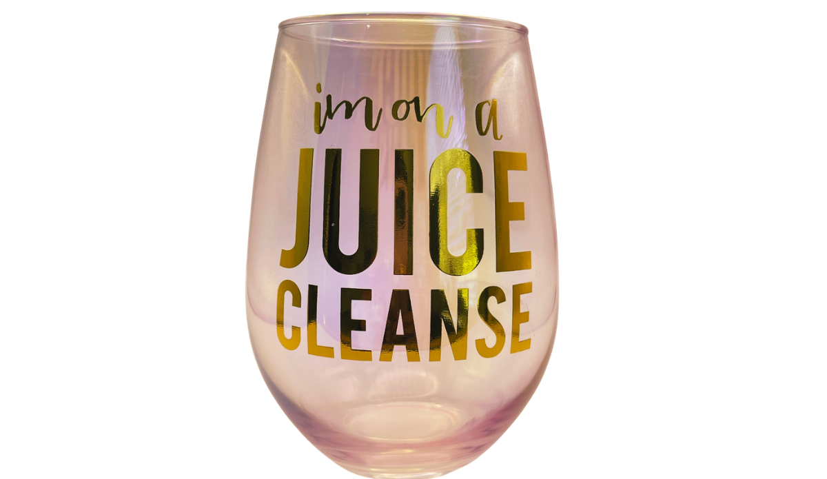 iridescent juice cleanse wine glass gold lettering front view