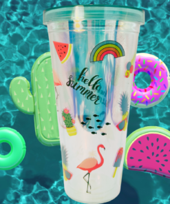 Hello Summer acrylic tumbler styled beside colorful tropical pool floats over bright blue pool water