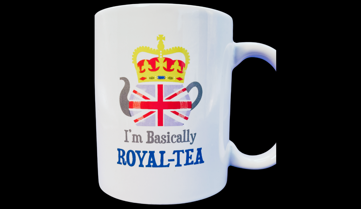royal tea mug with crown and teapot Union Jack design and “I’m Basically Royal-Tea” quote