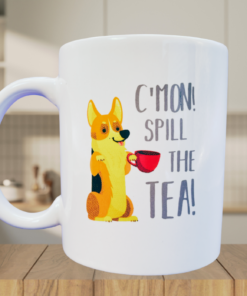 royal tea corgi mug styled in cozy kitchen setting with warm lighting
