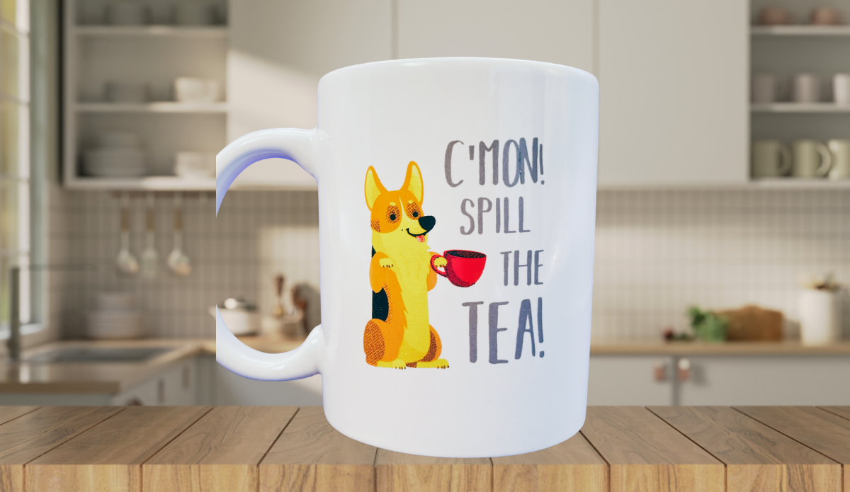 royal tea corgi mug styled in cozy kitchen setting with warm lighting