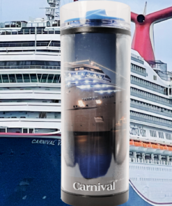 Carnival Valor Night Lights Travel Tumbler displayed in front of Carnival Valor cruise ship