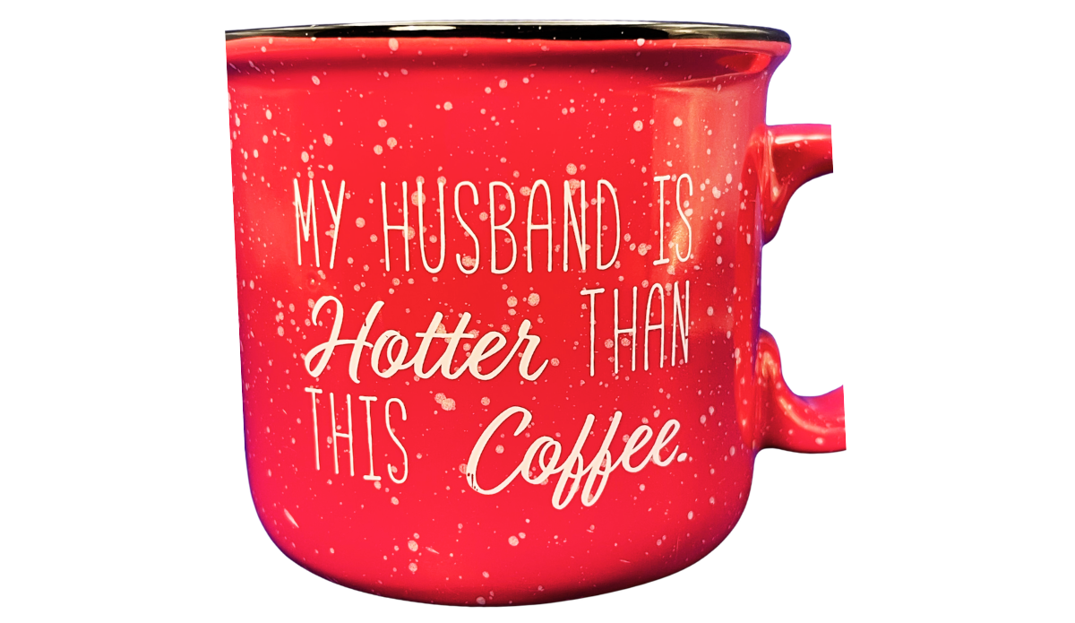 Husband hotter coffee mug with cream lettering, red speckled ceramic finish, dark rim, and sculpted handle