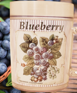 Striped Blueberry Acrylic Mug displayed beside fresh blueberries on a wooden table