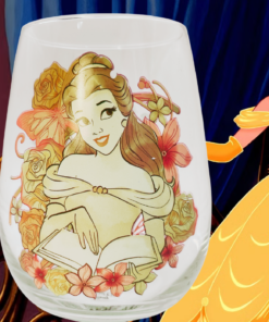 Disney Belle Dare To Dream wine glass displayed with Belle in her yellow gown in a Beauty and the Beast themed scene