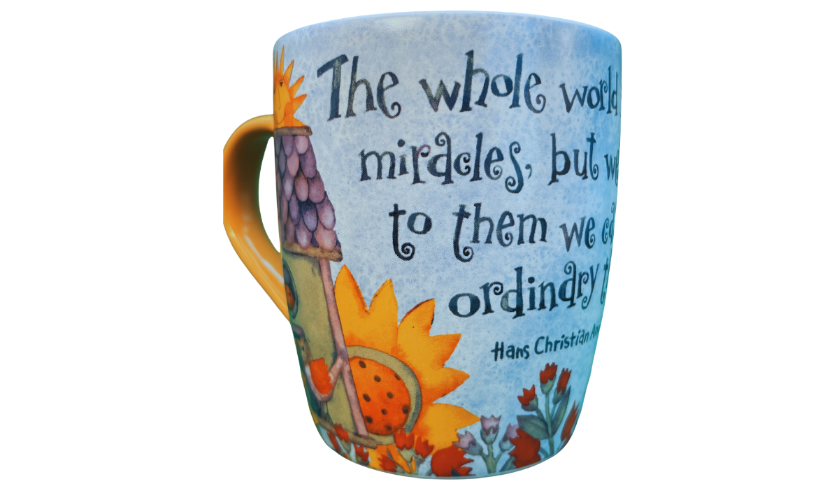 sunflower birdhouse inspirational quote mug front view with blue background