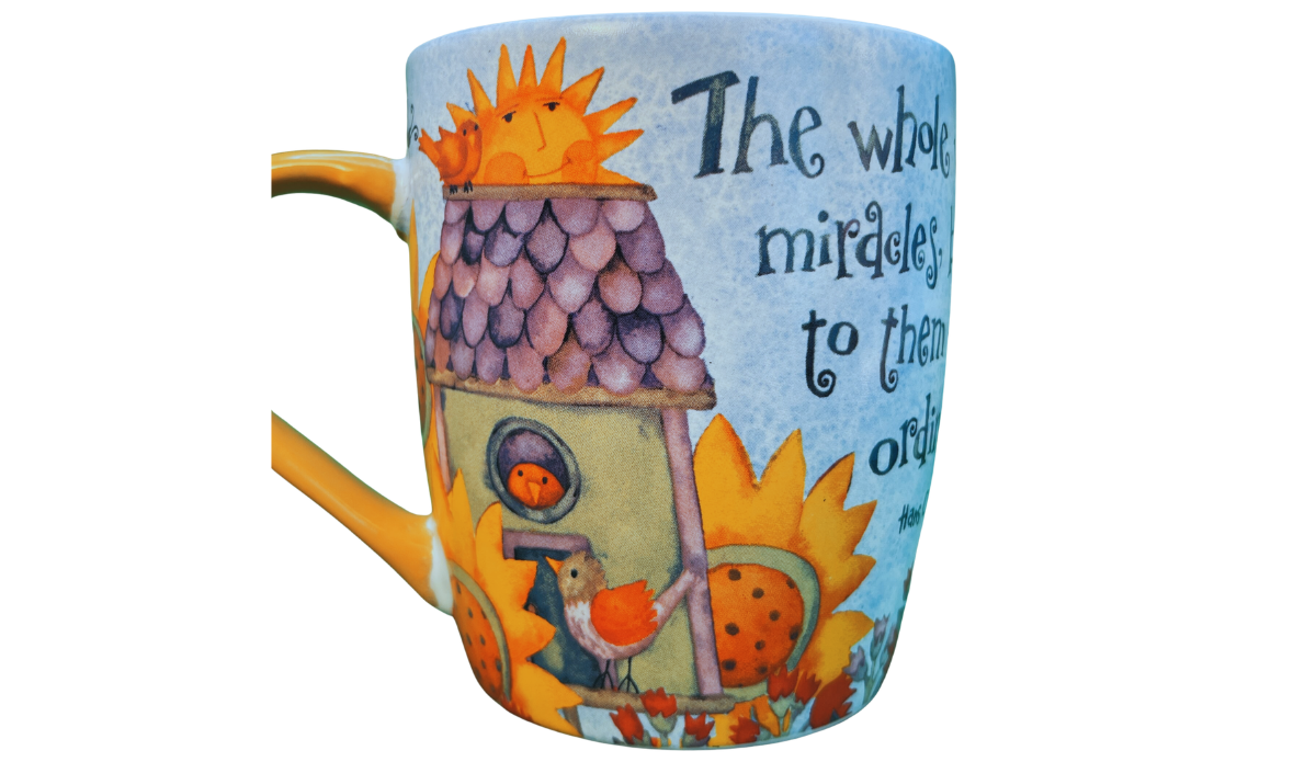sunflower birdhouse mug side middle with birdhouse and sunflower details