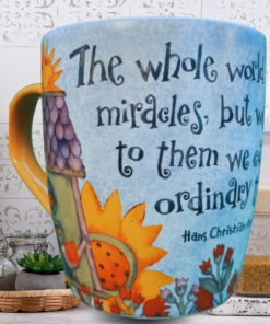 sunflower inspirational mug styled in kitchen with jars plants and cutting board