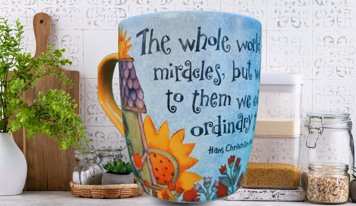 sunflower inspirational mug styled in kitchen with jars plants and cutting board