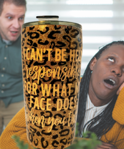 Funny leopard print tumbler in kitchen scene with expressive mood and bold personality styling
