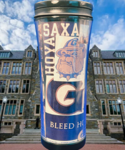 Georgetown Hoyas Starbucks Tumbler displayed in front of historic Georgetown University campus buildings