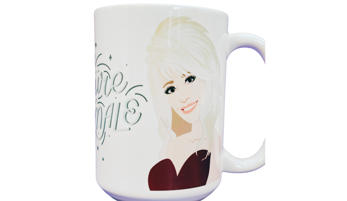 Dolly Parton Taylor Swift Future Is Female Mug front view with illustrated Dolly Parton portrait and white ceramic body