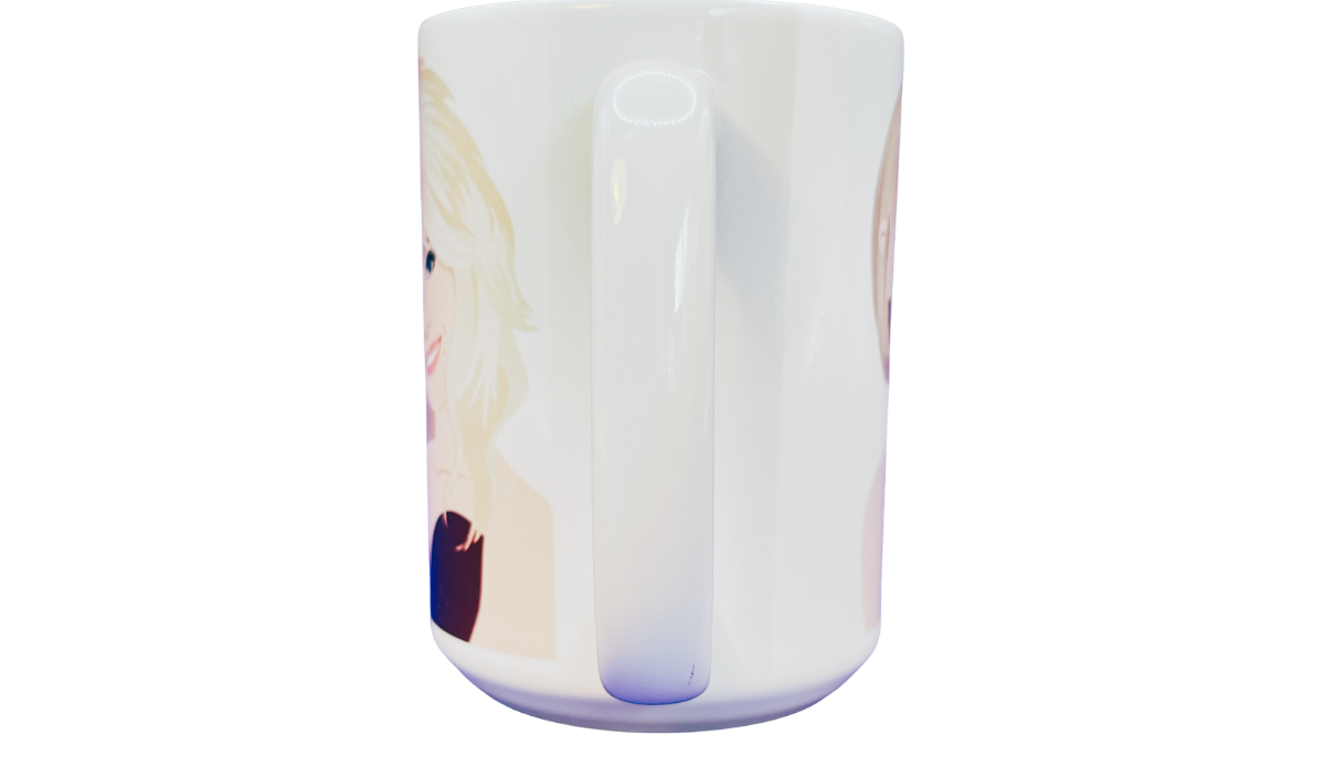 Dolly Parton Taylor Swift Future Is Female Mug handle view with white handle and celebrity portraits along each side