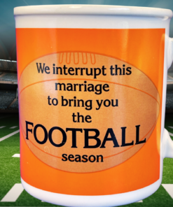 Marriage Football Season Mug displayed in football stadium game day scene