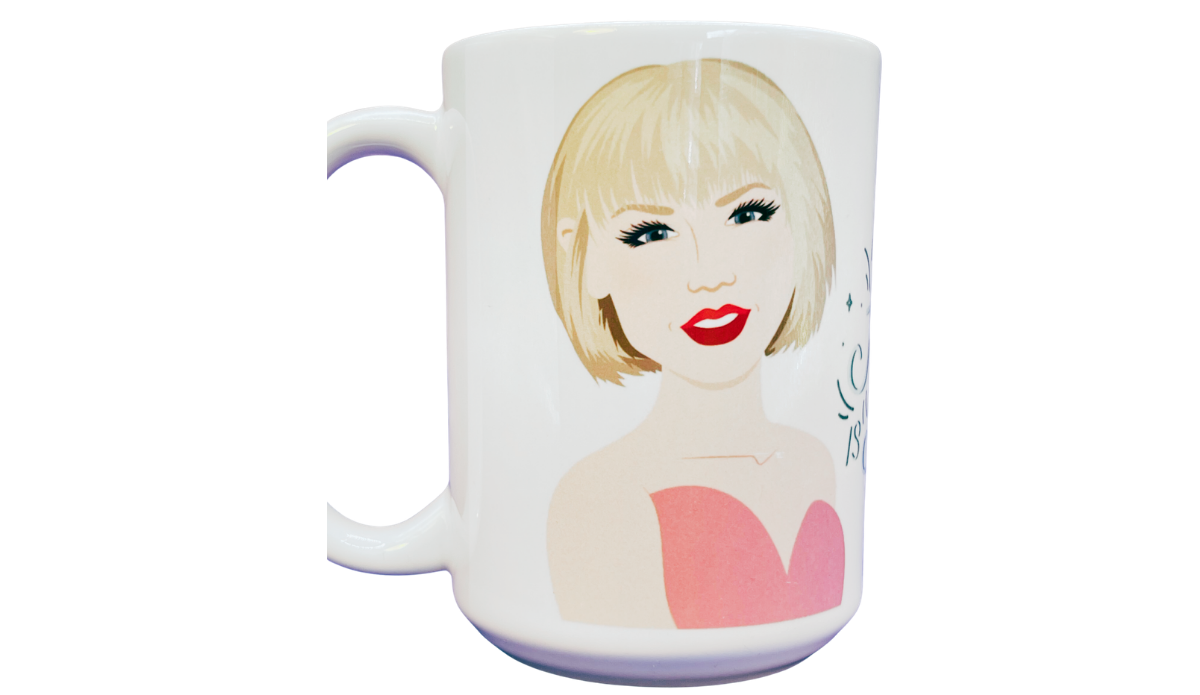 Dolly Parton Taylor Swift Future Is Female Mug back view with illustrated Taylor Swift portrait and pink top