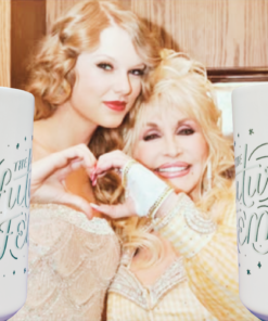 Dolly Parton Taylor Swift Future Is Female Mug lifestyle scene with both mug designs and Dolly Parton Taylor Swift imagery