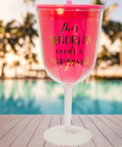 senorita margarita acrylic tumbler by pool with palm trees and sunny background