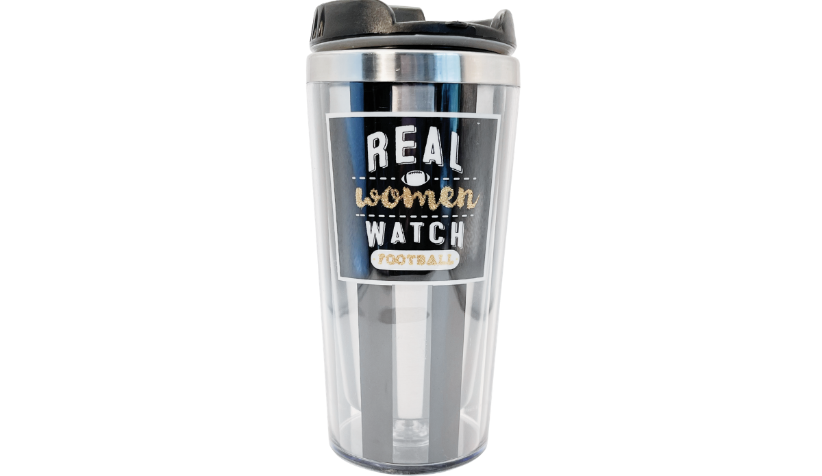 Real Women Watch Football Tumbler with white and gold football lettering, clear body, metallic stripes, and black lid