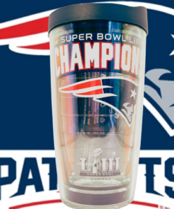Patriots Super Bowl LIII Champions Tervis Tumbler displayed with large New England Patriots logo