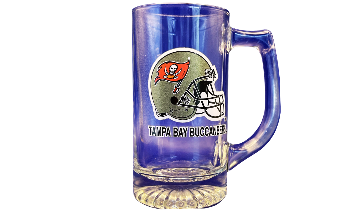 Tampa Bay Buccaneers Beer Mug front view with helmet logo and team name on clear glass
