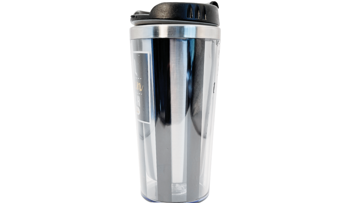 Additional view of Real Women Watch Football Tumbler with metallic vertical design, clear exterior, and partial football graphic