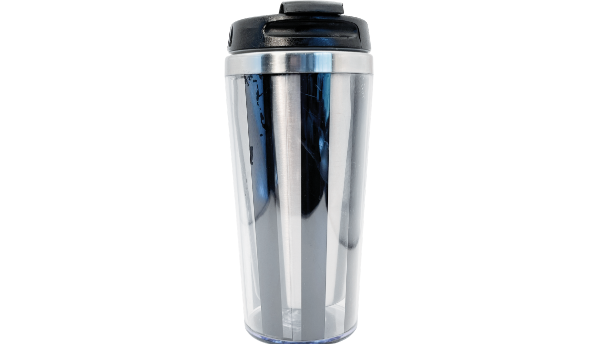 Back of Real Women Watch Football Tumbler with clear exterior, silver and black vertical stripes, and black travel lid