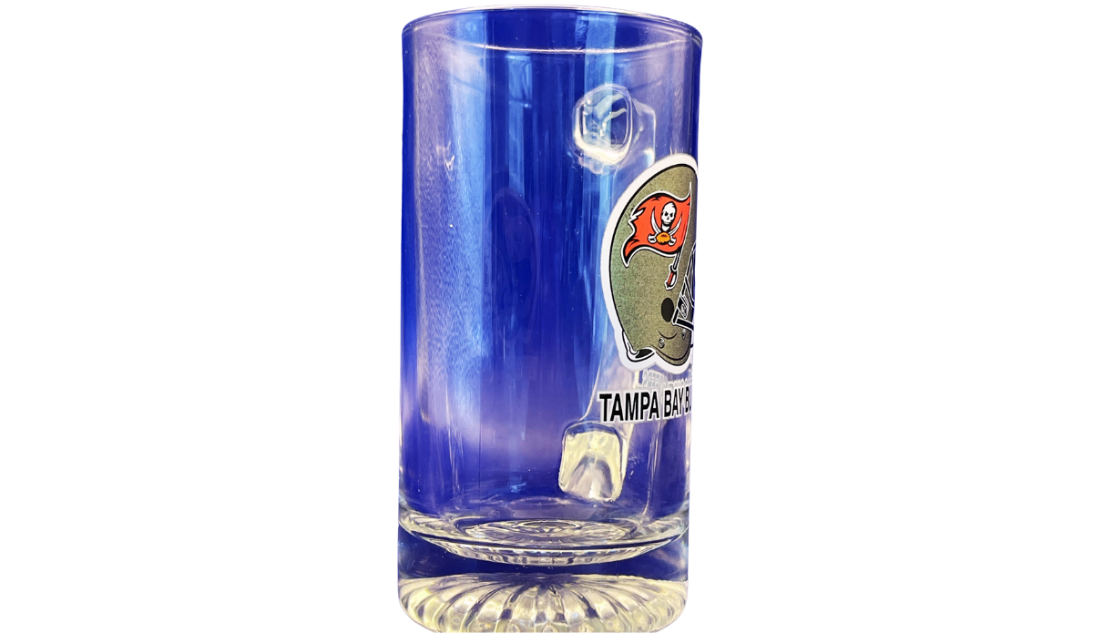 Tampa Bay Buccaneers Beer Mug side view with clear glass body and partial helmet logo
