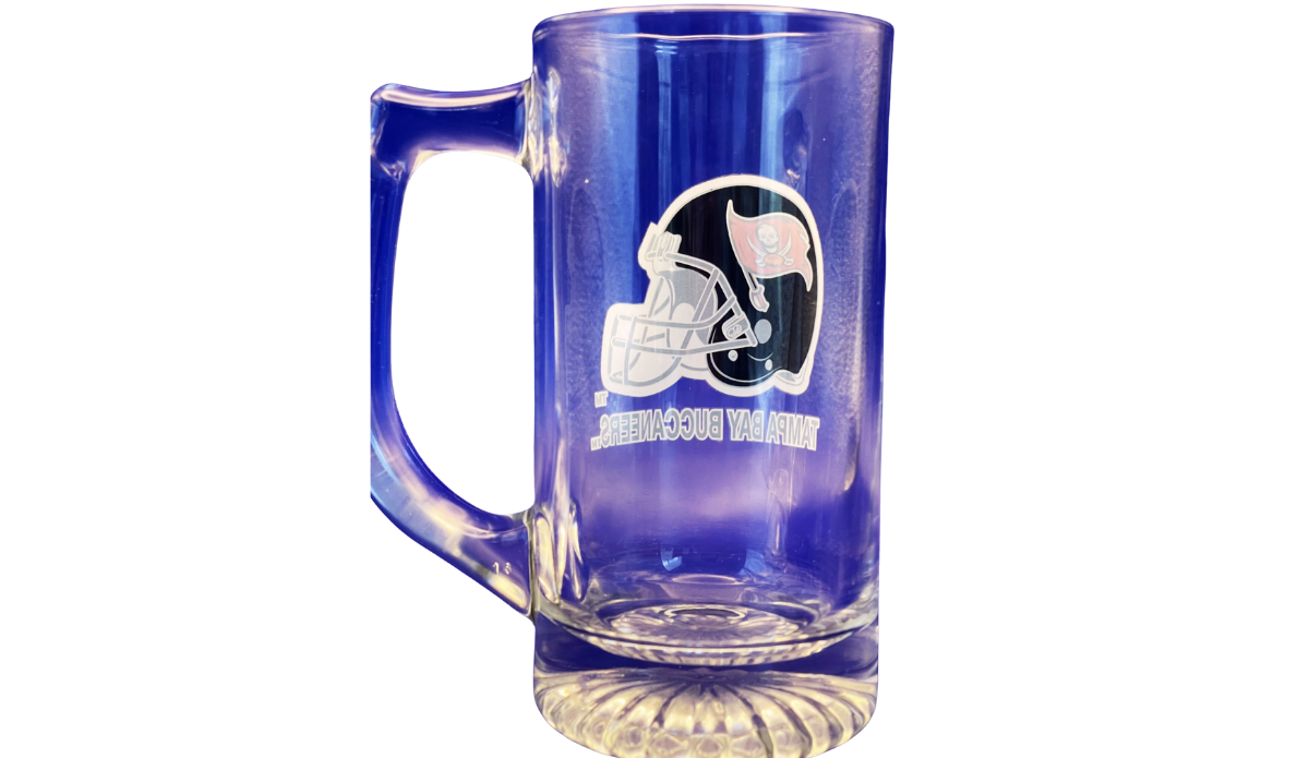 Tampa Bay Buccaneers Beer Mug back view with helmet logo visible through clear glass